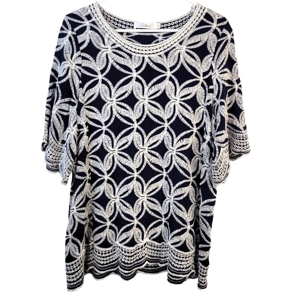 Solitaire Blouse Women's L Navy Cream Embroidered Patterned Coastal Beachy